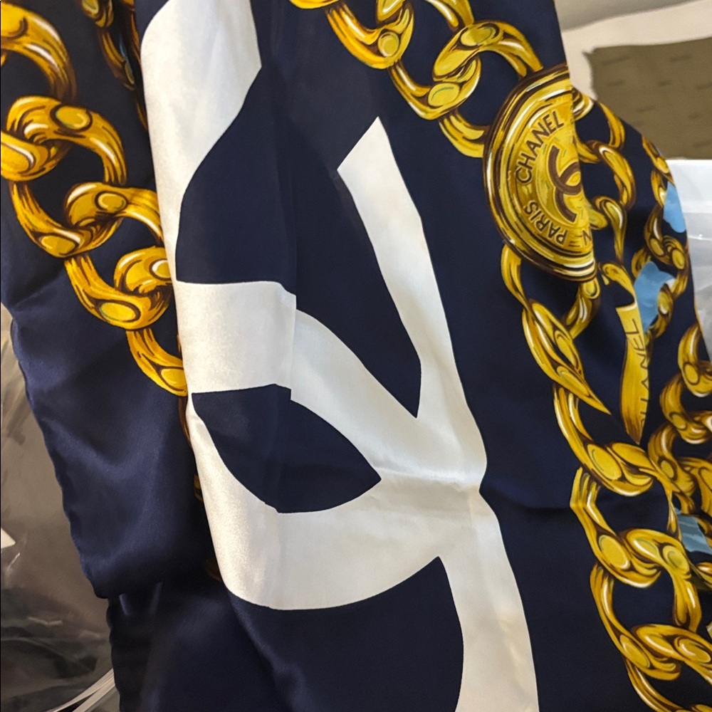 CHANEL Navy, White & Gold Chain Motif Silk Scarf
